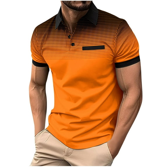 UVEASISHA Mens Polos Shirt 2025 Stylish Polka Dot Gradient Color Summer Casual Short Sleeved Buttons Lapel Slim fit Work T Shirt Tops Golf Polos Tee Shirts,Orange,S