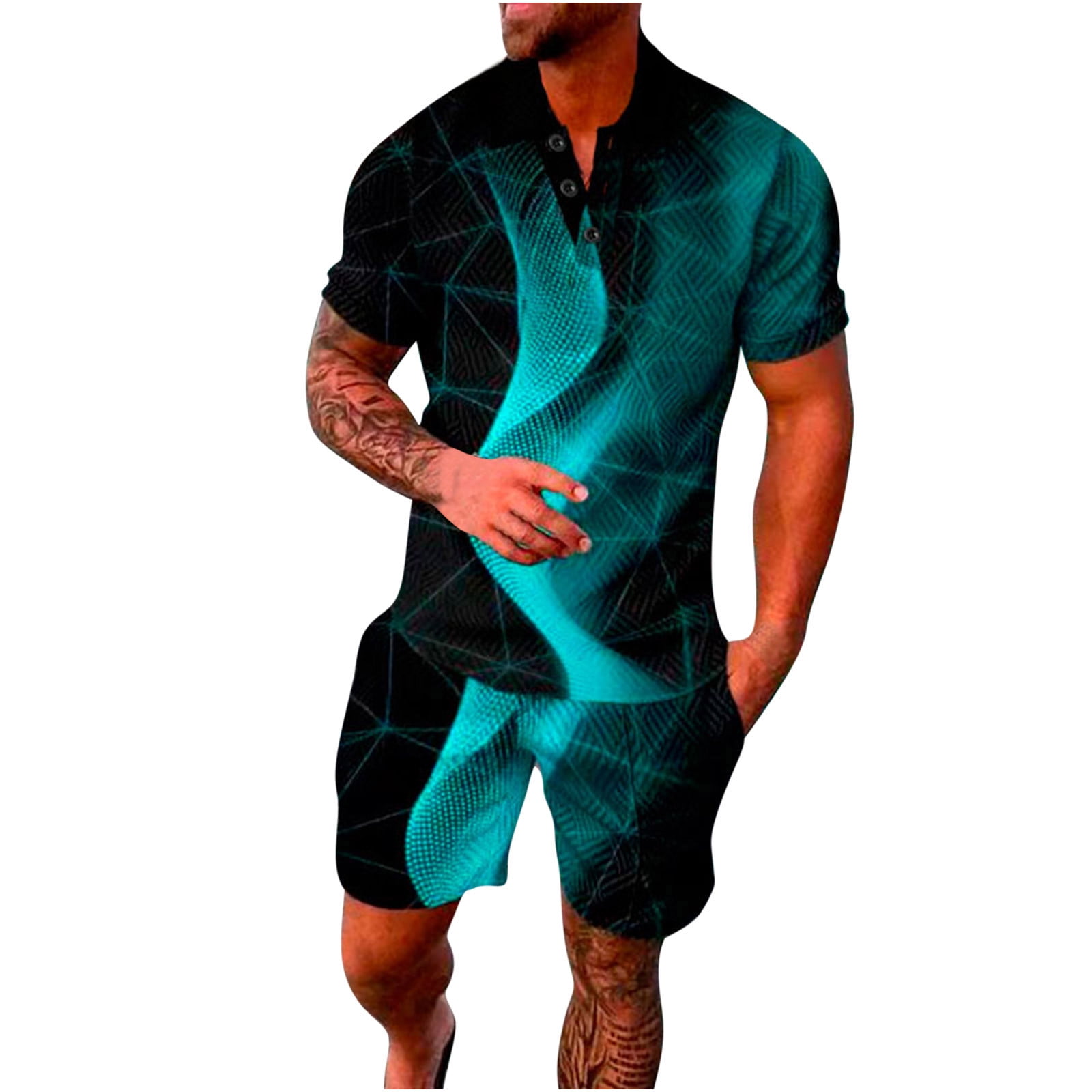Men's Short Sleeve Tracksuit Set - 2 Piece Summer Outfit With 1/4 Zip Lapel Shirt & Shorts