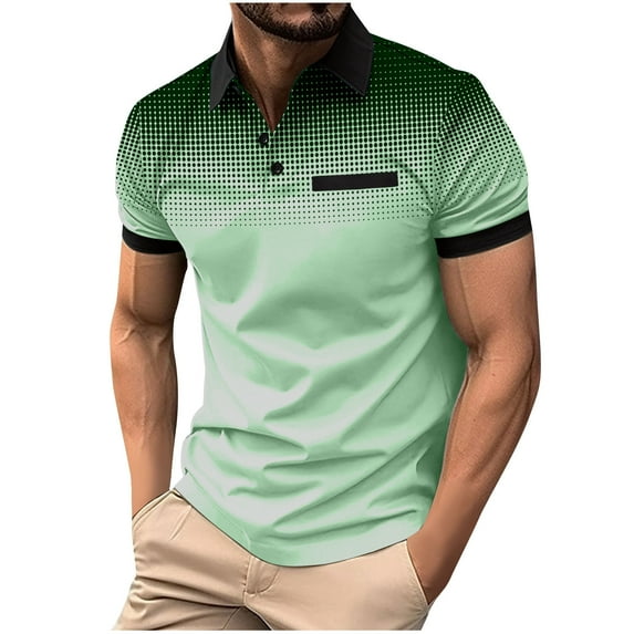 UVEASISHA Mens Polos Shirts Casual Short Sleeve Button Lapel Golf Fit Tee Shirts with Pocket Summer Fashion Stylish Polka Dot Gradient Color Work Top 2025,Green,L