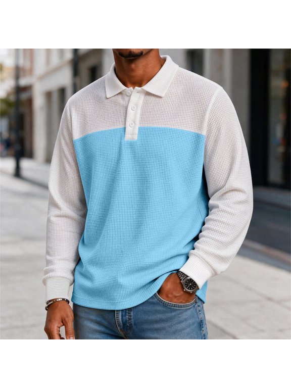 UVEASISHA Mens Polos Shirts Color-Block Long Sleeve T-Shirts Waffle Knit Pullover Casual Business Office Tshirt S