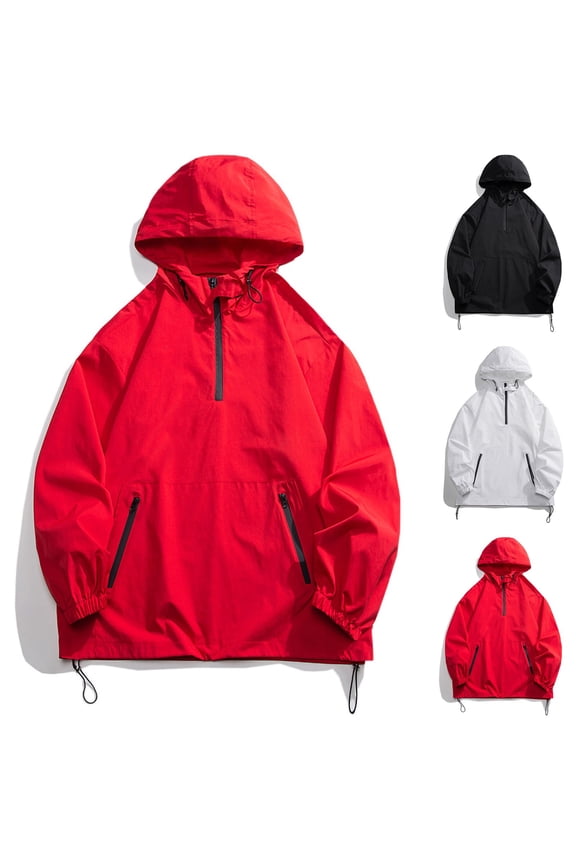 Mens Pullover Rain Jacket with Hood Lightweight Waterproof Windbreaker Active Performance Soft Shell Jackets Red L