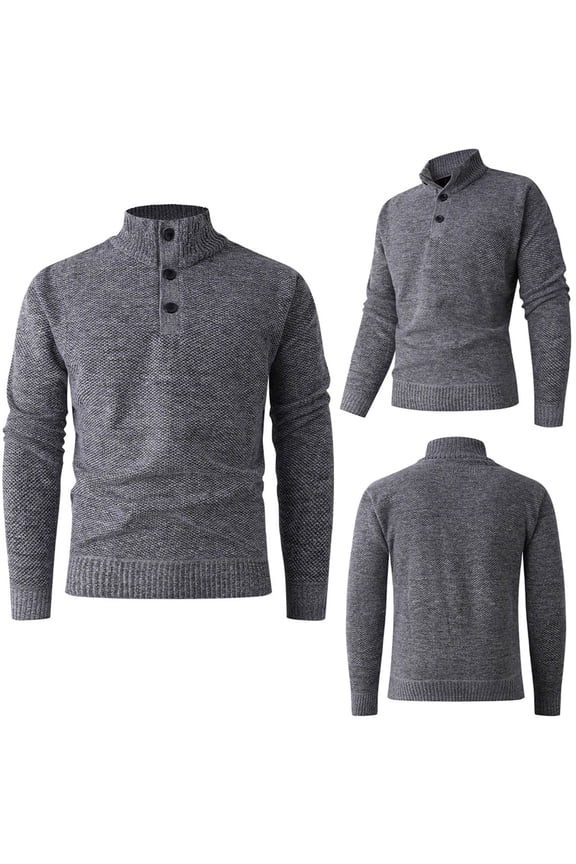Mens Quarter Button Sweater Soft Stretch Long Sleeve Mock Neck Pullover Sweaters Regular Fit Casual Knitted Shirt Solid Color Vintage Jumpers Gray S