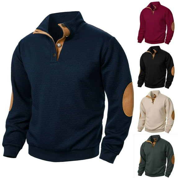 UVEASISHA Mens Quarter Button Sweatshirt Casual Long Sleeve Stand Collar Pullover Tops Elbow Patched Sleeves Vintage Sweatshirts for Cowboy Wine M