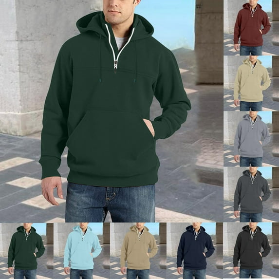 UVEASISHA Mens Quarter Zip Hoodies Solid Color Casual Loose Fit Pullover Tops Fall Long Sleeve Comfy Hooded Sweatshirts with Pocket Beige M