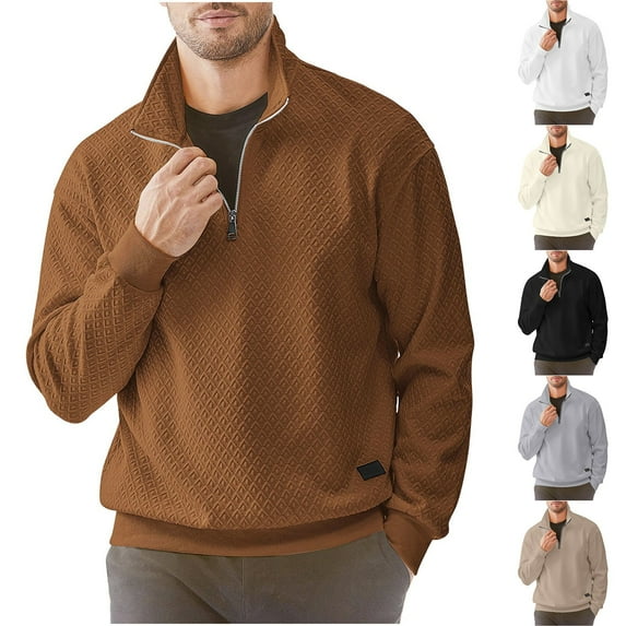 UVEASISHA Mens Quarter Zip Pullover Quilted Sweatshirt Geometric Texture Long Sleeve Lapel Fall Tops Solid Color Casual Sweatshirts for Men Winter Savings Beige XXL