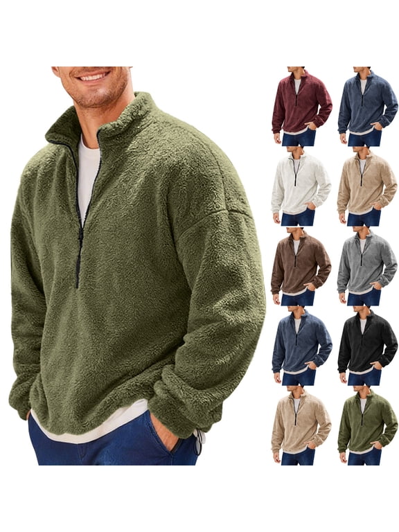 Mens Quarter Zip Pullover Sweatshirt Winter Fluffy Fleece Sweatshirts Oversized Casual Long Sleeve Fuzzy Tops Fashion Clothes White L