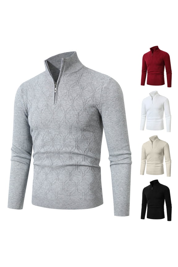 Mens Quarter Zip Sweater Slim Fit Long Sleeve Ribbed Knit Pullover Sweaters Dressy Casual Polos Sweater Stand Collar Jumper Tops Today's Sales Gray M