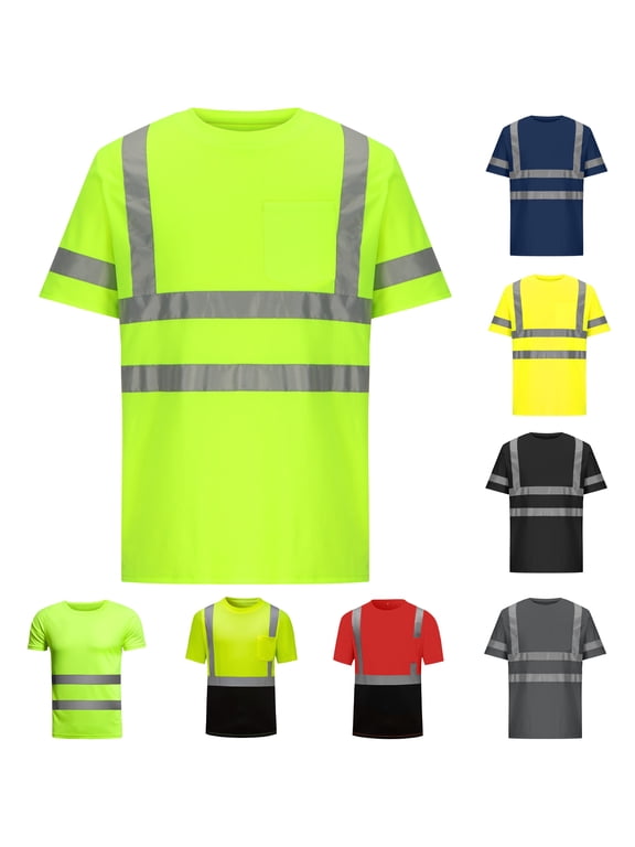 Mens Quick Dry T-Shirts Short Sleeve High Visibility Safety T Shirts Hi Vis Reflective Construction Work Shirts with Reflective Strips and Front Pocket