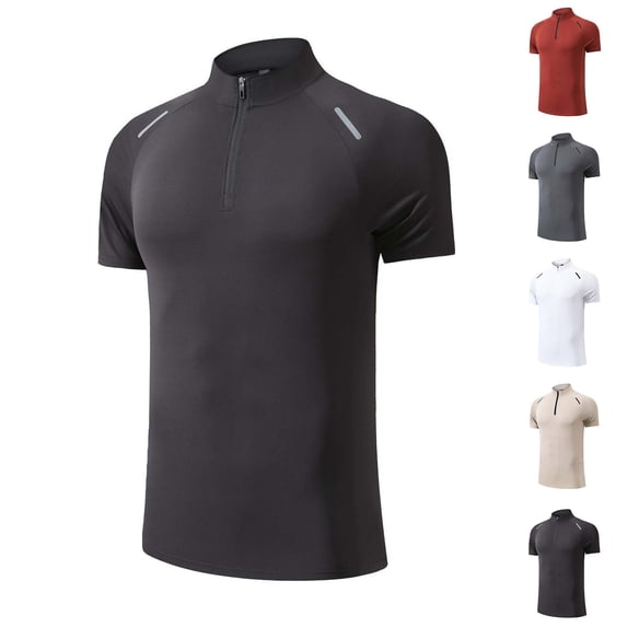 UVEASISHA Mens Quick Dry Workout Shirts Quarter Zip Mock Neck Short Sleeve Moisture Wicking Performance T-Shirts Compression Casual Athletic Pullover Beige XL