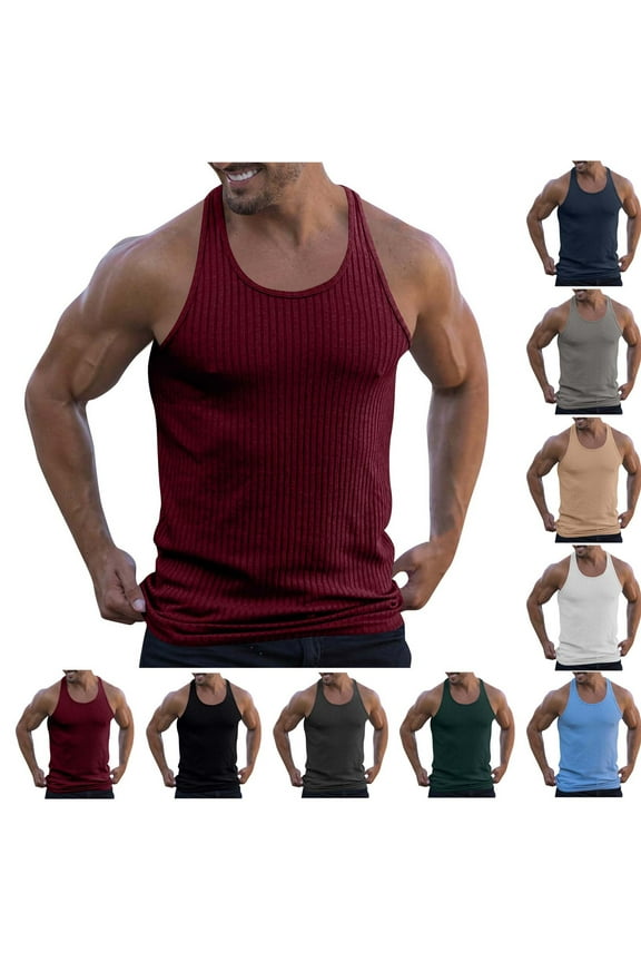 Mens Ribbed Workout Tank Tops Stretchy Quick Dry Sleeveless Stringer Shirts Cozy Knit Casual Athletic Fitness Tanks Navy M