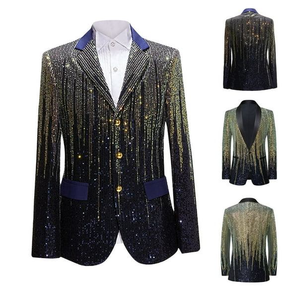 UVEASISHA Mens Sequin Blazer Court Style Fashion Prom Party Jackets Notch Lapel Single Breasted Shiny Suit Jacket Regular Fit Stylish Tuxedos Sales Today,Yellow,XL