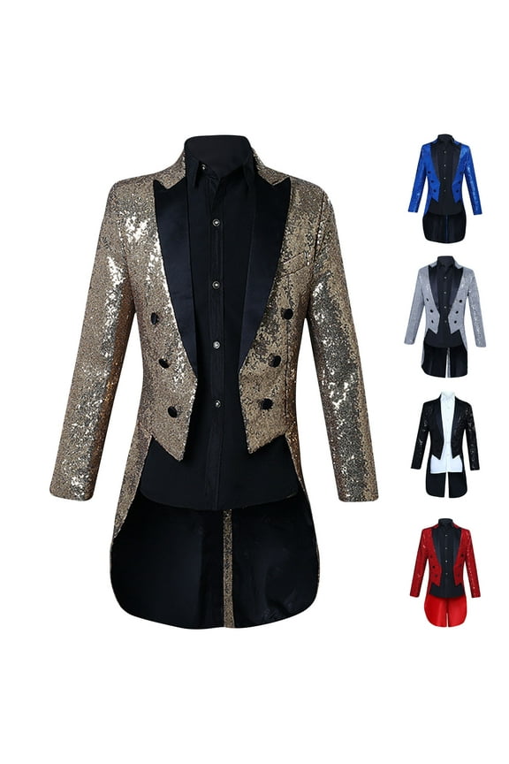 Mens Sequin Tuxedo Stylish Tail Slim Fit Tailcoat Suit Jacket Formal Performance Dress Jackets for Dinner Party Prom,Black,XL