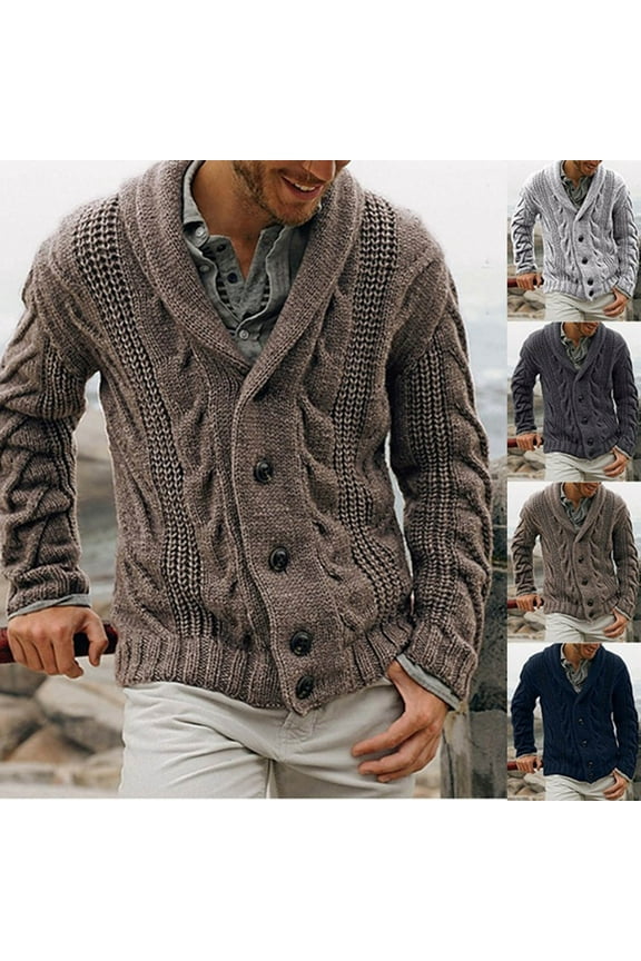 Mens Shawl Collar Cardigan Sweater Cable Knit Button Down Sweaters Long Sleeve Casual Winter Outwear Fisherman Open Front Cardigans Brown XL