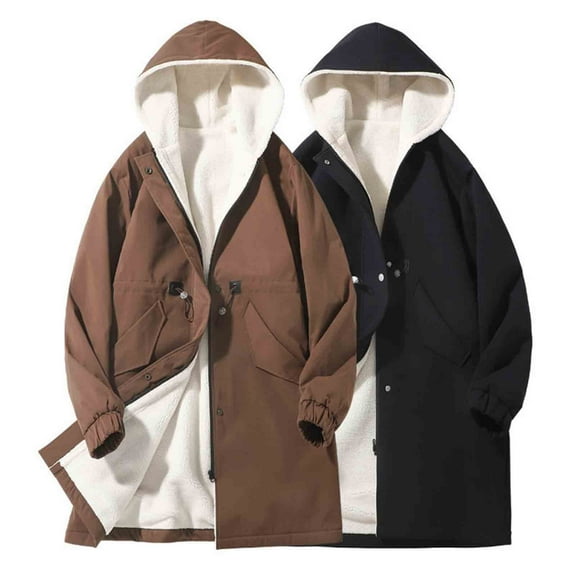 UVEASISHA Mens Sherpa Lined Trench Coat Winter Thick Warm Hooded Jackets Adjustable Drawstring Fleece Overcoat Mid Length Casual Thermal Outerwear Coffee M