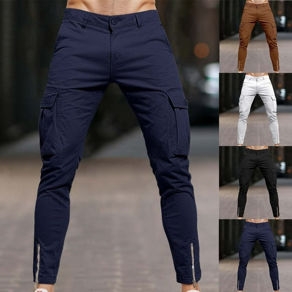 UVEASISHA Mens Slim Fit Cargo Pants Cotton Casual Tapered Fit Work Pants Zipper Ankle Cuffs Solid Color Long Pants Lightweight Trousers with Pockets White XL