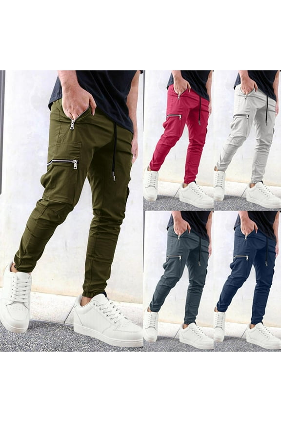 Mens Slim Fit Cargo Pants Zipper Pocket Casual Hiking Pants Drawstring Elastic Waist Work Trousers Lightweight Quick Dry Tapered Jogger Pant Gray XL