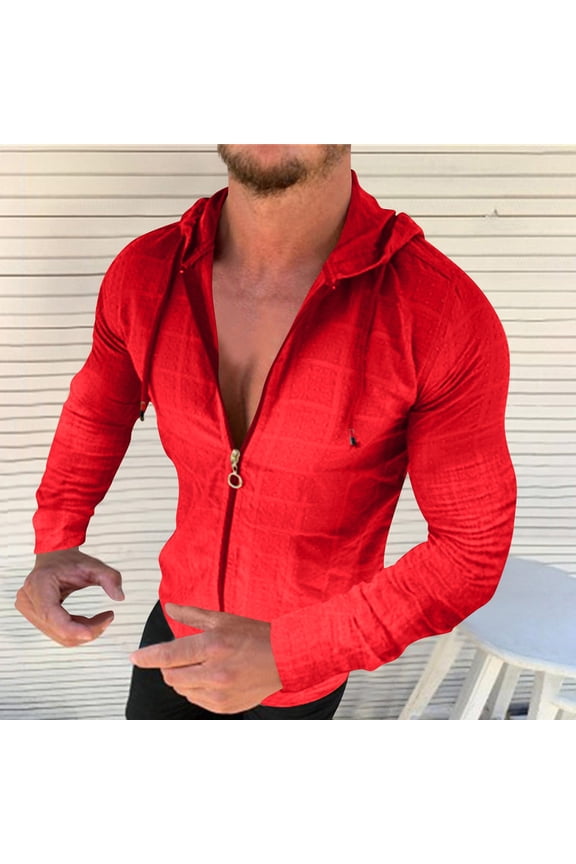 Mens Slim Fit Hooded Sweatshirt Lightweight Casual Drawstring Athletic Jackets Full Zip Gym Hoodies Muscle Shirt Jacket Red 2XL