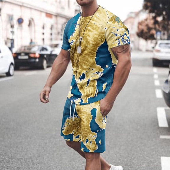 UVEASISHA Mens Sports Shorts Set, 2 Piece Athletic Sets for Men World Map Prined Sweatsuit Casual Summer Tracksuits Short Sleeve Muscle Fit Sports Sets with Pocket Prime Sales of The Day