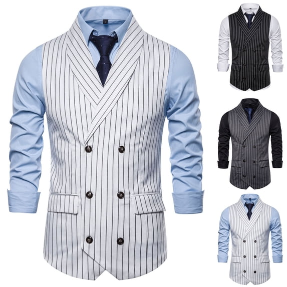 UVEASISHA Mens Striped Suit Vest Double Breasted Slim Fit Dress Vest Classic Business Casual Waistcoat Lapel Collar Formal Vest for Party Dark Gray XL