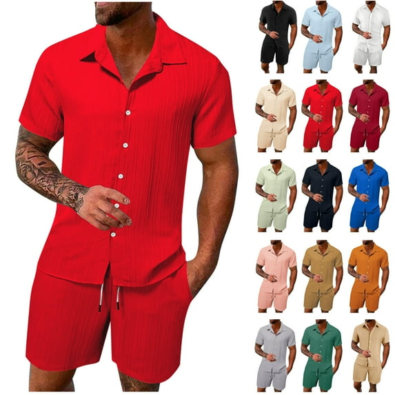 UVEASISHA Mens Summer 2 Piece Outfits for Vacation Solid Color Beach Hawaiian Short Sleeve Button Down Cotton Linen Cuban Shirts and Shorts Sets 2025 Pink,XXXL