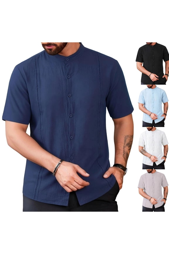 Mens Summer Linen Shirts Casual Short Sleeve Button Down Shirt Classic Fit Lightweight Collarless Beach Shirts Stylish Tops White L