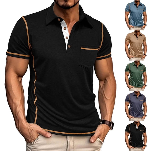UVEASISHA Mens Summer Polos Shirts Short Sleeve Casual Business T-Shirt Vintage Color Block Collared Golf Shirts Regular Fit Stylish Work Tees Black S