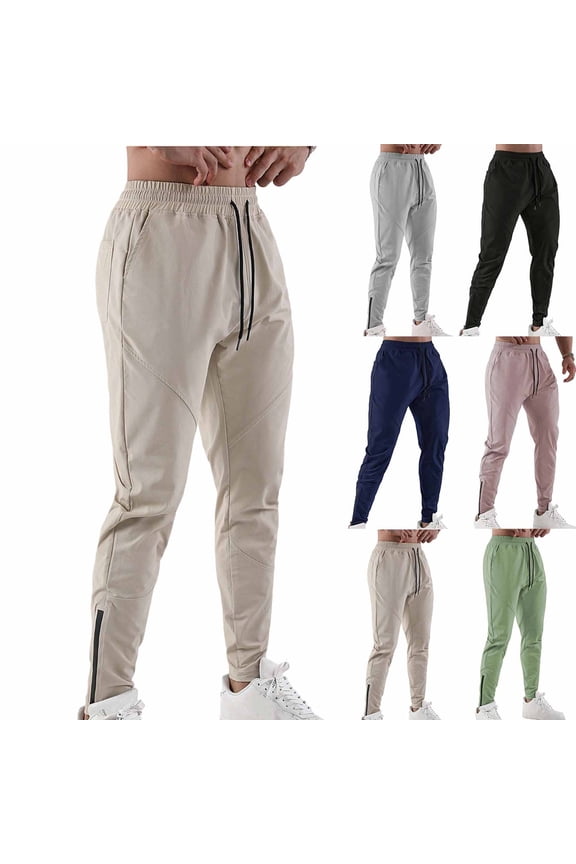 Mens Sweatpants Slim Straight Workout Joggers Side Zipper Hem Athletic Trousers Ice Silk Breathable Gym Sweat Pants with Pockets Beige M