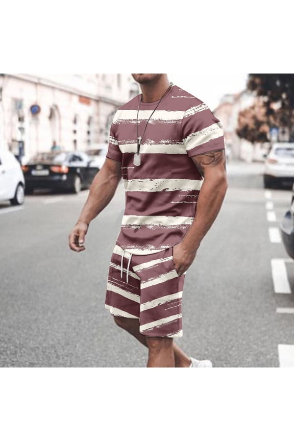 Mens Sweatsuit Sets,2 Piece Short Set for Men Striped Print Casual Tracksuit Outfits Summer Short Sleeve Muscle Gym Workout Athletic Sets with Pockets Back to College Sale