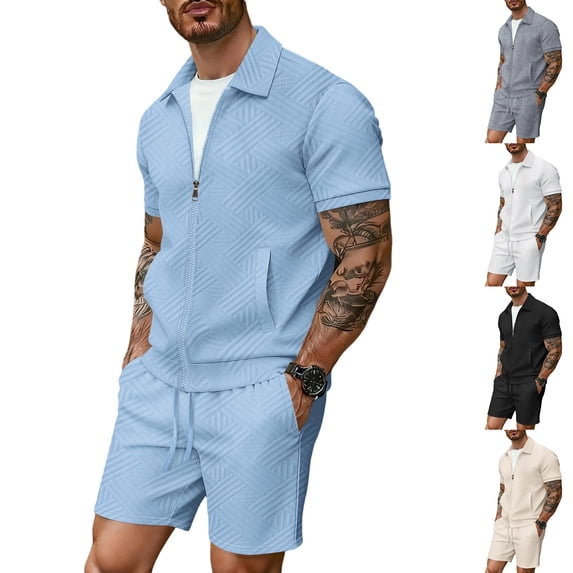 UVEASISHA Mens Sweatsuits 2 Piece Outfit Jacquard Short Sleeve Zip Up Shirt and Shorts Set Business Casual Outfits Textured Workout Sets with Pockets Black L
