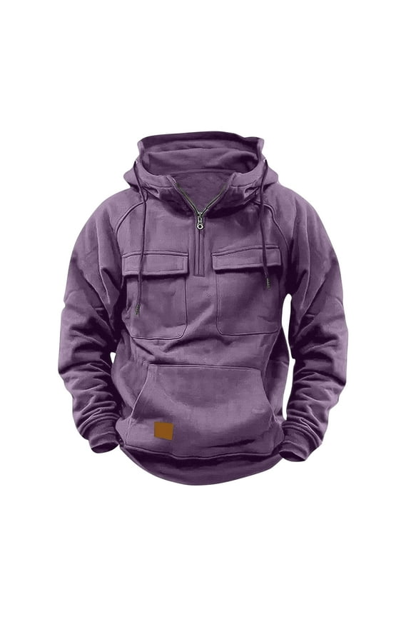 Mens Tactical Zip Up Hoodie,Hooded Sweatshirt for Men Quarter Zip Long Sleeve Pullovers Drawstring Multi-pocket Outdoor Hoodies,Purple,XL
