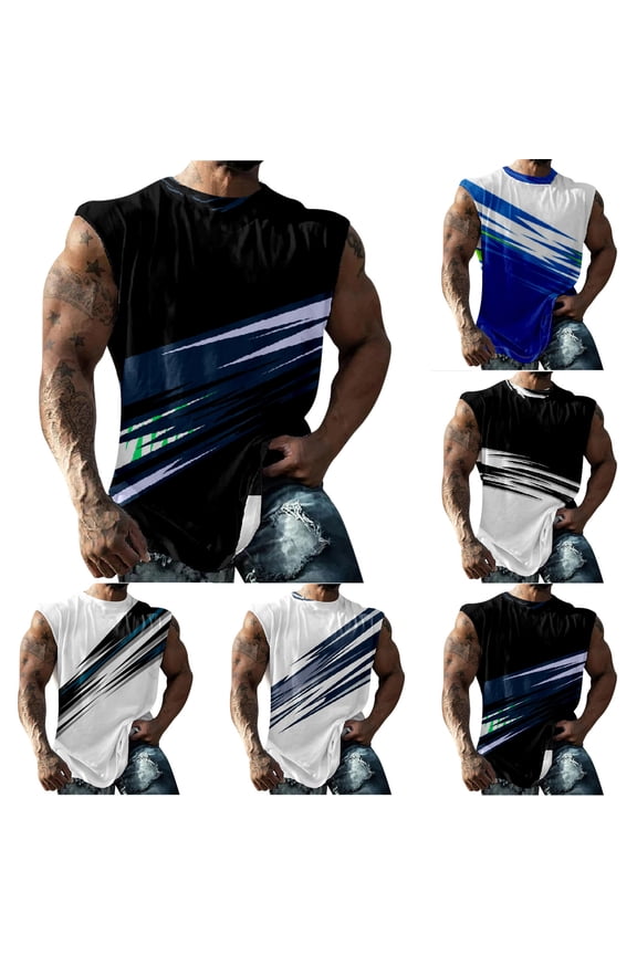 Mens Tank Tops Summer Big and Tall Sleeveless Workout Shirts Fashion 3D Printed Crewneck Muscle Tees Soft Stretchy Athletic Tanks Dark Blue 5XL