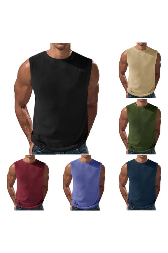 Mens Tank Tops Summer Cotton Sleeveless Round Neck T-Shirts Solid Color Regular Fit Undershirts Sports Casual Gym Muscle Tanks Navy XL