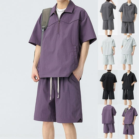 UVEASISHA Mens Tracksuit 2 Piece Set Half Zip Short Sleeve Shirt and Drawstring Short Pants Lounge Sets Oversized Casual Sweatsuits Outfits with Pockets Black L