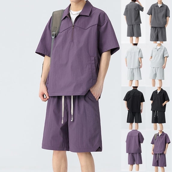 UVEASISHA Mens Tracksuit 2 Piece Set Half Zip Short Sleeve Shirt and Drawstring Short Pants Lounge Sets Oversized Casual Sweatsuits Outfits with Pockets Light Blue L