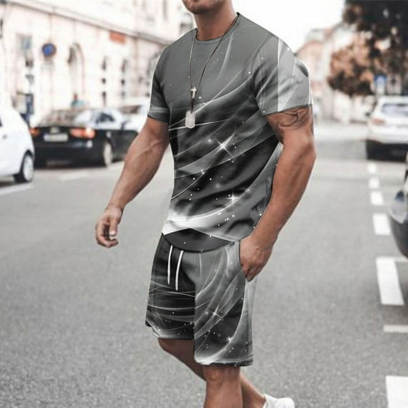 UVEASISHA Mens Tracksuit Set Two Piece Short Sleeve,Shorts Sets for Men Sweatsuit Outfit Fashion 3D Print Short Set Casual Drawstring Shorts 2 Piece Outfits with Pocket
