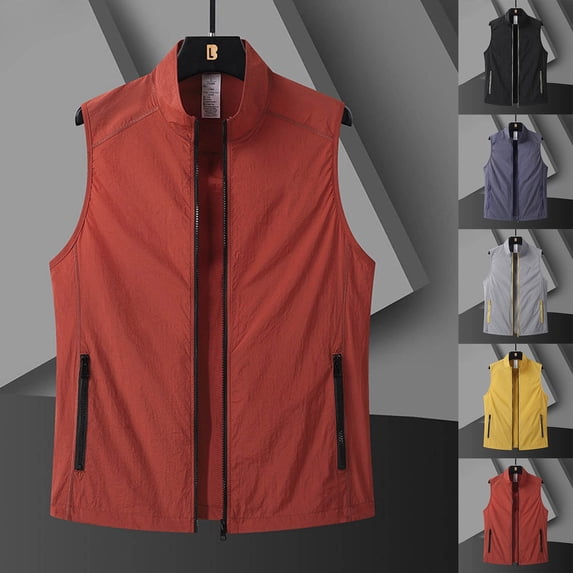 UVEASISHA Mens Travel Vest Sun Protection Lightweight Vests Casual Stand Collar Sleeveless Jacket Solid Color Summer Vest with Zipper Pockets Gray XL