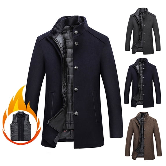 UVEASISHA Mens Trench Coat with Vest Wool Blend Mid Length Peacoat Single Breasted Stand Collar Business Casual Jacket Fall Winter Overcoat with Pockets Navy XXL