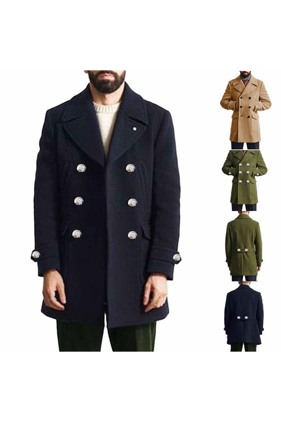 Mens Trench Coats Notch Collar Double Breasted Peacoats Winter Wool Blend Casual Business Overcoat Mid Length Fashion Windbreaker Jacket with Pockets Navy 3XL
