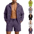 thumbnail image 1 of UVEASISHA Mens Two Piece Casual Outfits Zip Up Hooded Sun Protection Jacket and Cargo Shorts Set Lightweight Loose Hiking Fishing Travel Sets with Pockets Black L, 1 of 10