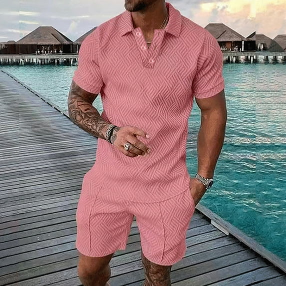 UVEASISHA Mens Two Piece Golf,Men's 2 Piece Tracksuit Short Sleeve Print Polo Shirt and Shorts Sets Summer Outfits for Men Track Suits for Men Big and Tall Pink