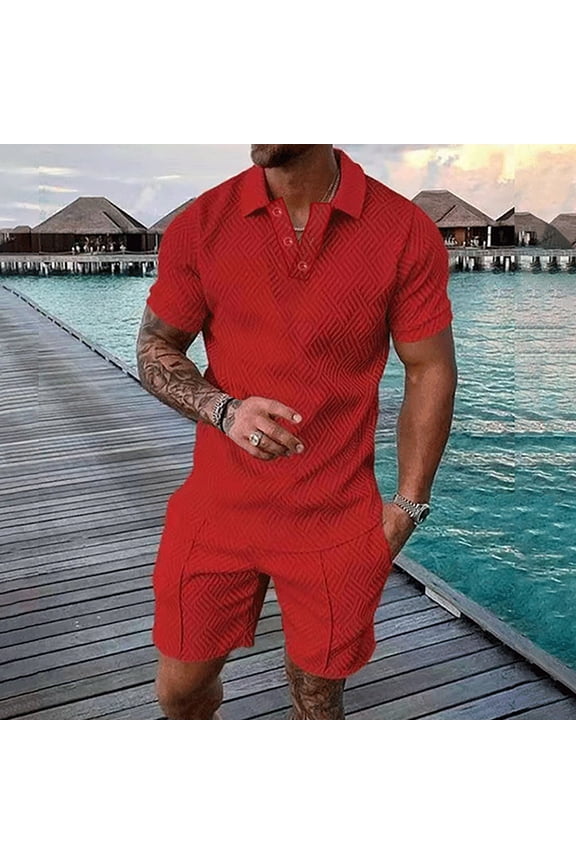 Mens Two Piece Golf,Men's 2 Piece Tracksuit Short Sleeve Print Polos Shirt and Shorts Sets Summer Outfits for Men Track Suits for Men Big and Tall Red