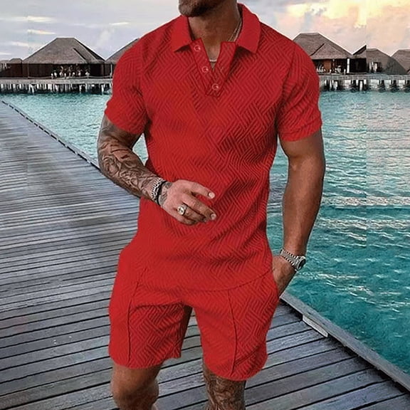 UVEASISHA Mens Two Piece Golf,Men's 2 Piece Tracksuit Short Sleeve Print Polos Shirt and Shorts Sets Summer Outfits for Men Track Suits for Men Big and Tall Red