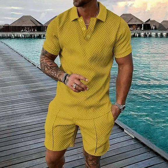 UVEASISHA Mens Two Piece Golf,Men's 2 Piece Tracksuit Short Sleeve Print Polos Shirt and Shorts Sets Summer Outfits for Men Track Suits for Men Big and Tall Yellow