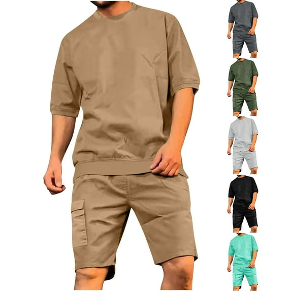 UVEASISHA Mens Two Piece Tracksuit,Men Solid Color Short Sets Short Sleeve Tees and Overalls Shorts Outfit Set Summer Business Casual 2 Piece Outfits with Pocket Prime Sales Today