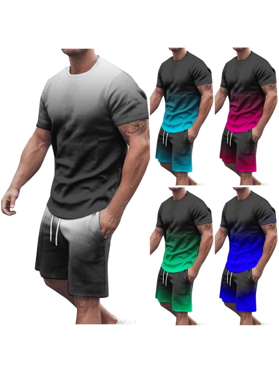 Mens Two Piece Tracksuit Set Casual Short Sets for Men Fashion Gradient Color Sweatsuit Summer Muscle Tees and Drawstring Shorts Workout Set
