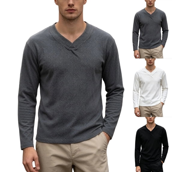 UVEASISHA Mens V Neck Tshirts Long Sleeve Slim Fit Pajama Tops Solid Color Comfy Daily T-Shirts Basic Lightweight Fall Undershirts Tee Tops Dark Gray 3XL