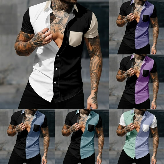 UVEASISHA Mens Vacation Shirts,Funny Tropical Shirts for Men Colorblock Fashion Bowling Shirts Short Sleeve Casual Button Down Shirt Summer Beach Shirts with Pocket Flash Deals of The Day