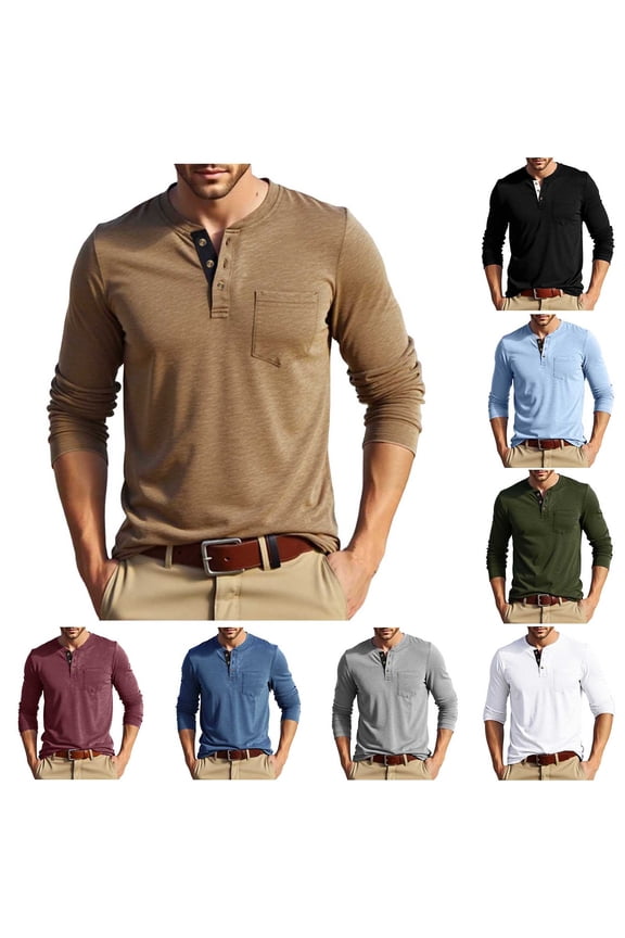 Mens Vintage Henley Shirts Long Sleeve Button Up T-Shirt Business Casual Regular Fit Work Tees Solid Color Tee Shirt with Chest Pocket Blue L