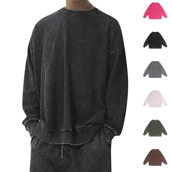 UVEASISHA Mens Vintage Long Sleeve T-Shirts Drop Shoulder Casual Crewneck Pullover Acid Washed Distressed T Shirt Solid Color Oversized Tees Army Green 3XL