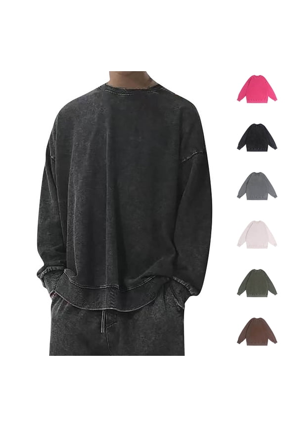 Mens Vintage Long Sleeve T-Shirts Drop Shoulder Casual Crewneck Pullover Acid Washed Distressed T Shirt Solid Color Oversized Tees Black L